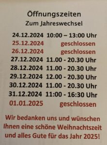 Mehr über den Artikel erfahren Geänderte Öffnungszeiten zum Jahreswechsel in der Filiale Altstadt